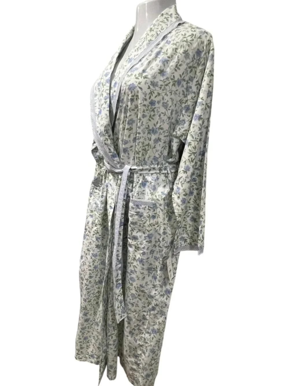 Laura Ashley Floral Cotton Midi Length Robe, NWT, White Blue, L